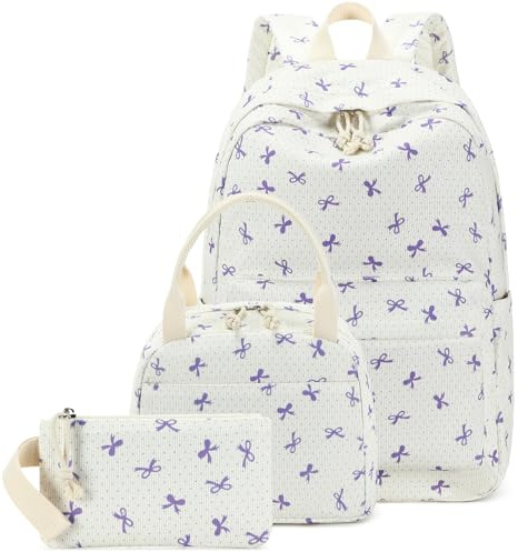 LEDAOU Backpack for Girls School Bag Kids Bookbag Teen Backpack Set Daypack with Lunch Bag and Pencil Case, Purple Bowtie -Beige, 17.3 x 11.8 x 5.5, Girls Backpack With Lunch Box