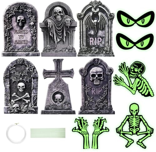 SNAIL GARDEN 12-teiliges Halloween-Grabstein-Set mit 6 Grabsteinen(42cm), 4 leuchtenden Skeletten & 2 leuchtenden Dämonenaugen – Gruselige Friedhofsdekoration für Garten, Rasen und Outdoor-Bereiche