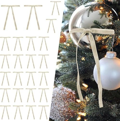 VITEVER Schleifen Weihnachtsbaum Deko | Rote Schleifen Weihnachten, 24er Weihnachtsbaum Schleifen Samtschleifen, Weihnachtsschleifen für Girlande, Zaun, Haustür, Kamin(Beige)
