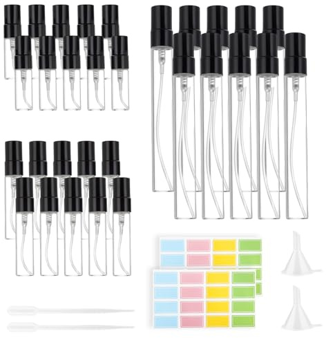 36-Piece Perfume Sample Bottles Set, Mini Glass Atomiser Spray Bottle, Travel Perfume Bottle with Fine Spray Nozzle, Refillable Transparent Fragrance Sprayers, for Daily Travel Makeup, 3 5 10ml