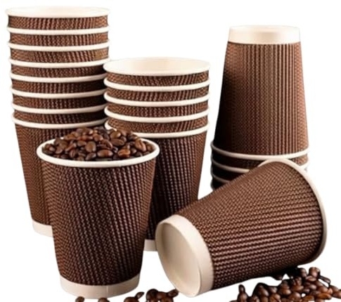500 x 8oz Ripple Brown Kraft Paper Cups - Strong 3-PLY Disposable Insulated Coffee Cups - Leak-Proof Recyclable Drinking Cups for Hot Drinks, Tea, Coffee and Beverages