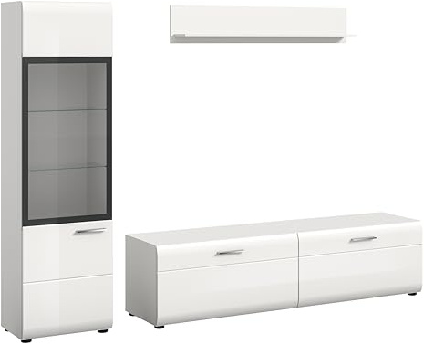 xonox.home – Wohnkombination Ice 220x160x41 cm in Front weiß Hochglanz Korpus weiß – Moderne Wohnwand mit offenen & geschlossenen Fächern – ideal für große Räume