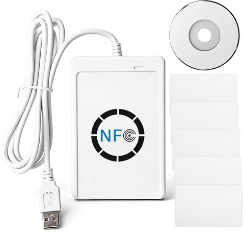 Lector de tarjetas inteligentes NFC sin contacto, lector de tarjetas inteligentes NFC RFID duplicador de escritorio con 5 tarjetas blancas y cable, lector de tarjetas inteligentes para control de