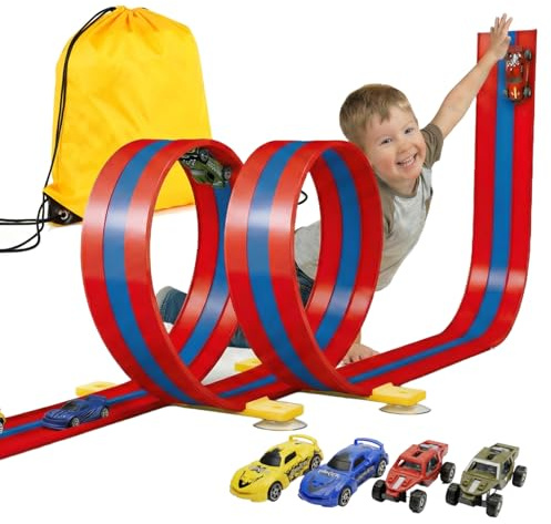 3-Spur Flexible Autorennbahn Set mit 2 Loopings (5M), Rennbahn mit Autos & Tragtasche, Schwerkraft & Pull-Back Rennstrecke, Soft Rennbahn Spielzeug für Kinder ab 3 4 5 6 Jahre (Rot)