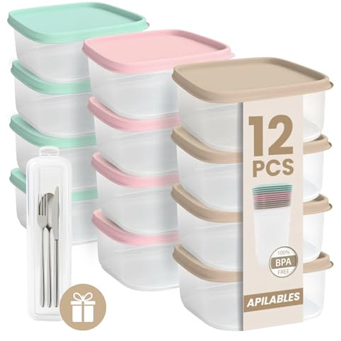 ELENANO Set Taper Plastico, de 12 ud, sin BPA, de 350 ml, con Portacubiertos, Envases de Plastico con Tapa, de 11x11x5 cm, Envases para Alimentos, Fabricado en España (12)