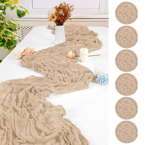 FXKS 6 Stück Beige Tischläufer,55 x 300 cm Cheesecloth Tischläufer | Rustikaler Gaze Stoff Boho Tischläufer Käsetuch Hochzeit Tischdecke für Hochzeit Brautparty Bankett Dekoration