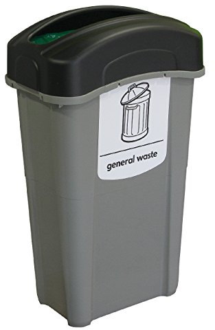Glasdon Eco Nexus 85 General Waste Collection Bin (Grey, Black Lid, White Sticker) – 85-Litre General Waste with Choice of Lid Options – Slim Plastic Office Bin (Open Top)
