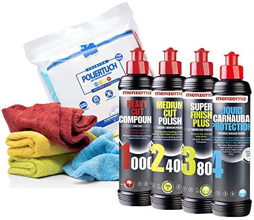 detailmate kit - Lucido per auto Menzerna: Composto Super Heavy Cut HC1000 pasta abrasiva + Medium Cut 2400 + Super Finish Plus SFP3800 + Liquido Carnauba Protection - 250ml + 4 panni per lucidare