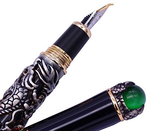 Jinhao Dragon Fountain Pen Bent Nib,Vintage Black,Heavy Fude Pen Broad to Fine Size,Solid Metal with Pen Pouch