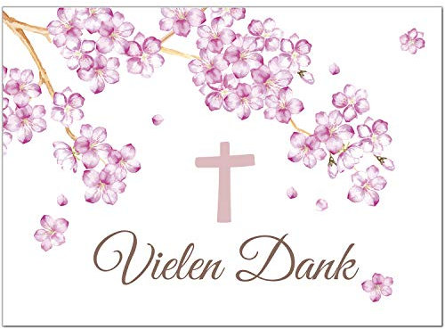 10 x Dankeskarten mit Umschlag - Kirschblüte mit Kreuz - Danksagung/Bedanken/Danke sagen zur Taufe, Kommunion, Konfirmation, kirchlich