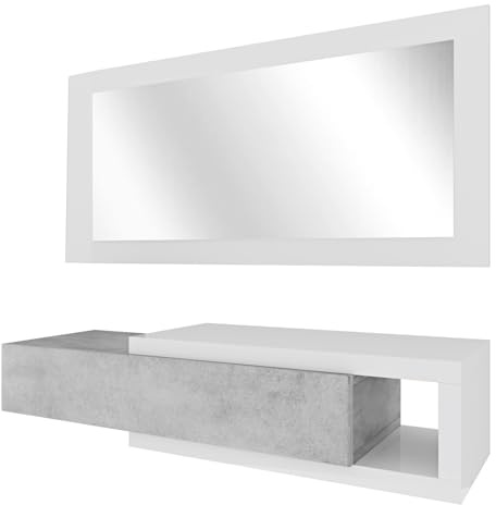 Mobile Maiorca Mobiletto Da Ingresso Sospeso Con Cassetto Mensola e Specchio Arredo Arredamento Sala 81 x 116 x 29 cm Colore Bianco Lucido e Grigio Cemento