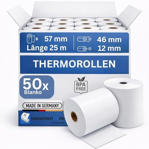 Kassenbon24.de Thermorollen 57x46x12mm – 25m | 50 Stück BPA-frei Blanko | Bonrollen ohne Aufdruck für Kassendrucker POS-Drucker | Kassenbonrollen Thermopapier