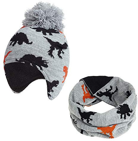TAGVO 2 en 1 Enfant Bonnet et Écharpe Hiver Chaud Épais Doublure en Polaire Bonnet Tricoté Chapeau Cache-Cou, Thermique Chapeau élastique Cache-Cou pour Bébé, Fille, Garçon Gris L