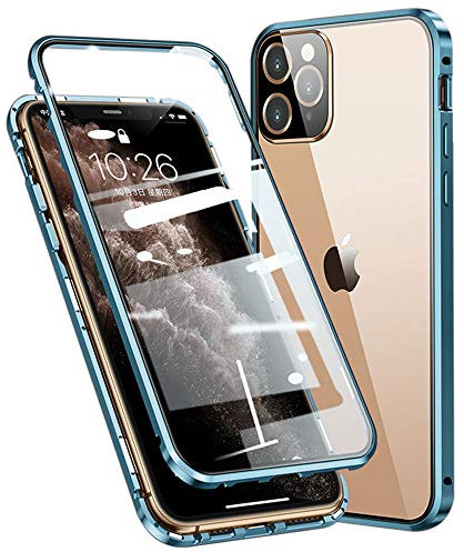 Colala Case For iPhone 12 Pro/iPhone 12 Magnetic Adsorption Cover Technology Metal Frame Case Aluminum Front and Back 9H Tempered Glass360° Ultra Slim Protection Case - Pacific Blue