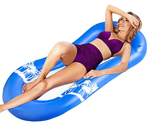 Inflatable Pool float for adult, Pool lounger float ,mesh bottom Float Hammock, Lake Raft, Swimming Party Water Hammock Float with Headrest(Floating Bed-Blue)