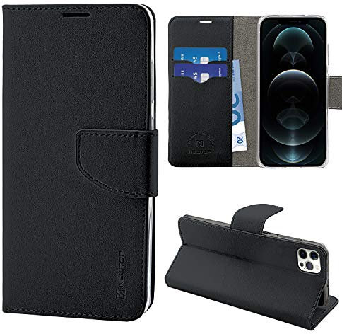 N NEWTOP Cover Compatibile con Apple iPhone 12/12 PRO, HQ Lateral Custodia Libro Flip Chiusura Magnetica Portafoglio Simil Pelle Stand (Nero)