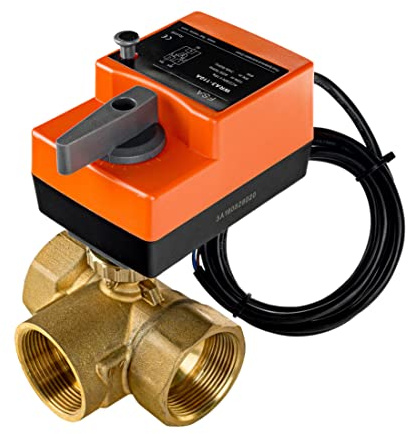 FSA Motorkugelhahn 1 1/2 Zoll 3-Wege 230V AC Messing Auf-/Zu | max. 10 bar, PN 10 | DN 40 G-Gewinde | Bohrung 28 mm | Kv 24,9 | Schaltzeit 40 s | Dichtung EPDM | Mutter Messing