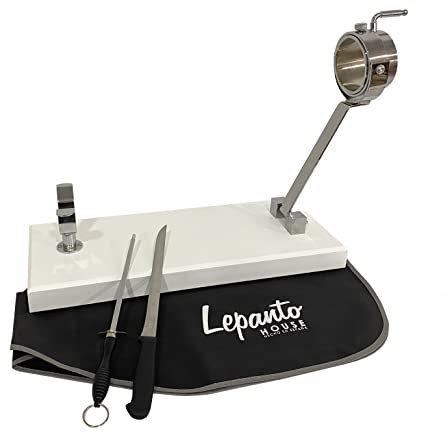 Jamonero plegable giratorio, soporte jamonero plegable mas set de corte con cuchillo jamonero mas chaira y cubra jamon negro (Base madera blanca)
