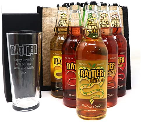 Personalised Engraved Pint Glass & 6 Bottles of Cider Gift Set in Gift Bag For Son's 21st Birthday. Dad's 40th Birthday. Fathers Day & Christmas - Rattlers Cyder Design