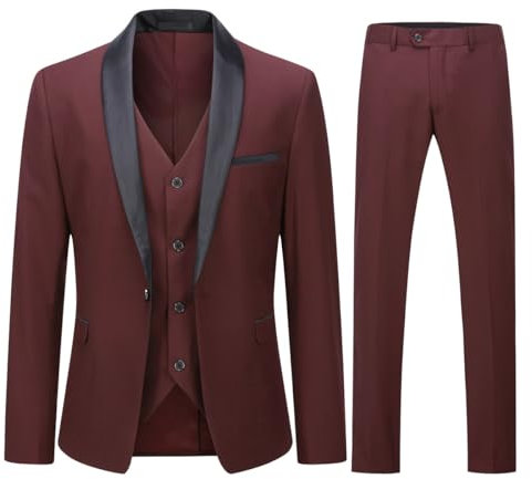 YOUTHUP Costume Homme 3 Pièces Un Bouton Coupe Ajustée Col Châle pour Mariage Dîner Smoking Veste Gilet Pantalons, Vin Rouge, S