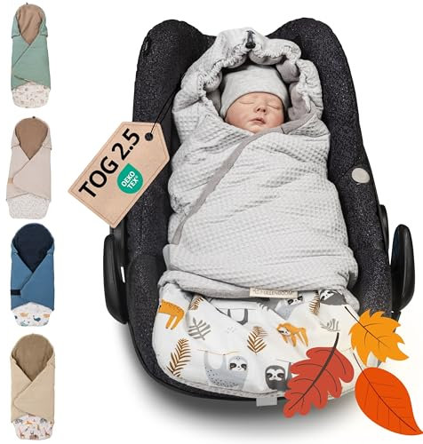 ULLENBOOM Einschlagdecke Babyschale, 100% OEKO-TEX Materialien, Grau-Faultiere (Made in EU) - Babydecke für Kindersitz oder Kinderwagen, kuschelige Decke für Babys, Ideal für Herbst und Winter