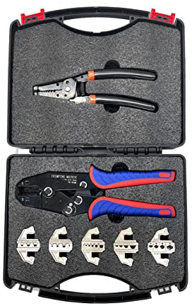 Coniya Schnellwechsel-Crimpwerkzeug-Kit mit Box Multifunktions-Ratschen-Abisolierzange für Kabelschuhe Crimpzange für Aderendhülsen/Nylon/isolierte/Nicht isolierte Anschlüsse, Schrumpfste