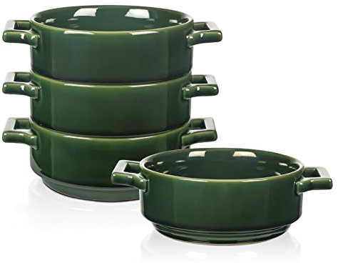 Vicrays Cuencos de cerámica con asas, vajilla de sopa de porcelana de 24 onzas para sopa de cebolla francesa, cereales, estofado de ternera, frío, apto para microondas y horno, juego de 4 (verde)