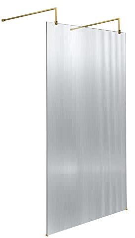 Hudson Reed WRAF19510BB Fluted Modern Bathroom Fluted 8mm Toughened Safety Glass Wetroom Screen with 2 Support Arms, 1950mm x 1000mm, Brushed Brass