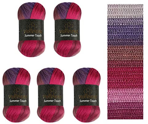 Wollbiene Summer Touch Batik 5 x 100 Gramm Wolle Mehrfarbig mit Farbverlauf, 500 Gramm merzerisierte Strickwolle Microfiber-Acryl (508 beere-lila)