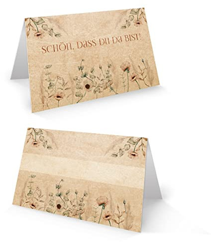 Tischkarten Boho, 25er Set: Namensschilder Schön, dass du da bist, Für Hochzeit, Geburtstag, Taufe, Konfirmation & Kommunion, Festdeko Tisch, Platzkarten zum Beschriften, Tischkärtchen, 8,5 x 5,5 cm
