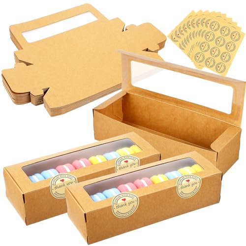 BESTonZON 50 PCS Kraft Cookie Boxes with Window and Stickers, Macaron Bakery Packaging Containers for Cookies, Muffins, and Brownies, Ideal for Party Favors, 7.7x2.6x1.9 Inches