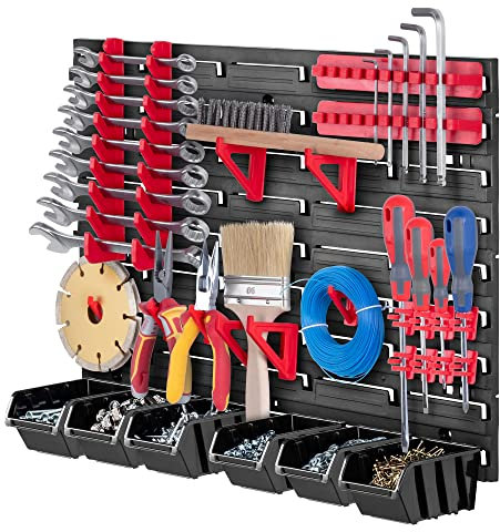 KADAX Étagère murale d'atelier, 58 x 39 cm, en plastique robuste, système de stockage résistant aux UV, plaques murales extensibles, étagère murale d'atelier pour garage, rouge/noir, 26 pièces