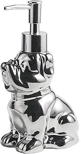 FülleMore 280ml Keramik Lotionspender Seifenspender Cartoon Hund Form Spülmittelspender Flüssigseifenspender nachfüllbar Pumpspender für Küche Badzimmer Dusche Waschbecken (Silber)