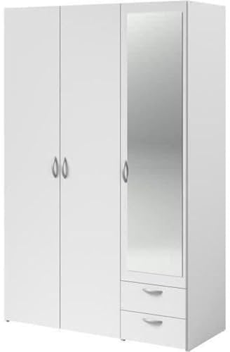 Parisot Armoire Varia - Décor Blanc - 3 Portes battantes + Miroir + 2 tiroirs - L 120 x H 185 x P 51 cm