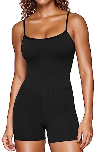 CRZ YOGA Butterluxe Cami Strap Rompers for Women - Adjustable Sleeveless One Piece Yoga Jumpsuits Bodysuit Shorts Padded Black Small