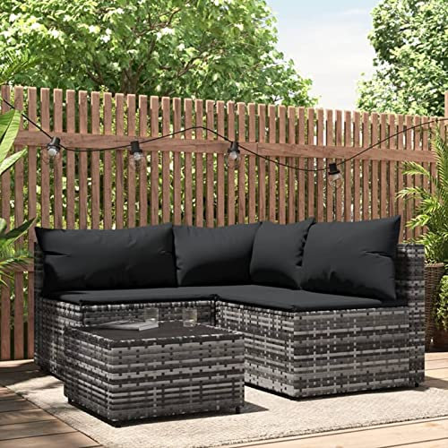 Homgoday 4-TLG. Gartensofa mit Kissen Sofa Sitzgruppe Gartenlounge Terrassenmöbel Ecksofa Balkonmöbel Sitzgruppe RattanLounge für Garten Terrasse und Balkon Grau Poly Rattan