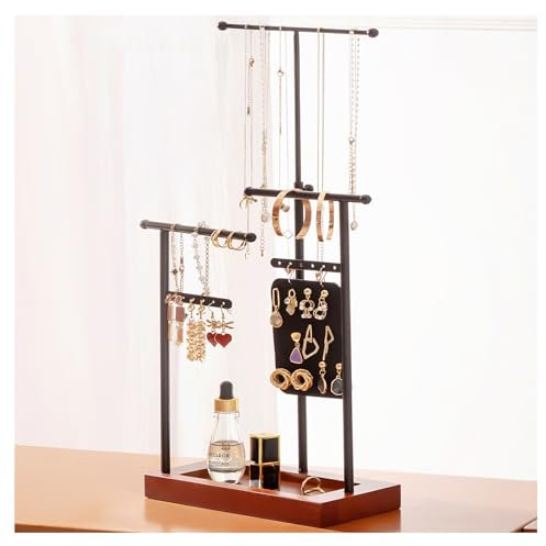 Procase Porte Bijoux, Porte Collier Boucle d’Oreille Bracelet, Présentoir Bijoux Bois Métal, Support Bijoux Réglable en Hauteur avec Un Panneau Boucle d'Oreille Détachable -Noir