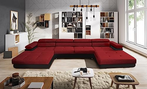 ALTDECOR Ecksofa in U-Form mit Schlaffunktion und Bettkasten Corner Sofa Bett Eckcouch Couch L-Form Schlafcouch Ausziehbar Wohnlandschaft Schlafsofa Cauchsofa - ANTU-M - 350x205x90cm Rot/Schwarz