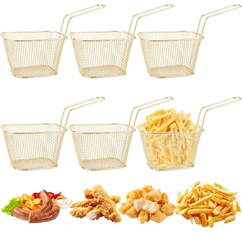 AKOLAFE 5 Stück Pommes Körbchen Mini Frittierkorb Edelstahl 6x7,5x8,5cm Pommeskörbe Gold Friteusenkorb mit Griff Servierkörbchen für Pommes für Aufbewahren, Präsentieren von Speise