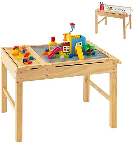 COSTWAY 2 in 1 Kindertisch mit umkehrbarer Tischplatte, Spieltisch aus Kiefernholz mit Stauraum, Seiternstange & Papierrolle, Aktivitätstisch Legotisch für Kinder ab 3 Jahre (Natur)