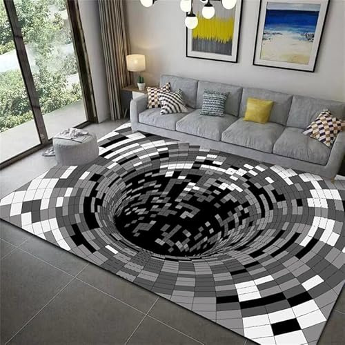 Vortex 3D Illusion Teppich - Optische Täuschung Matte Mit Bodenlosem Loch, Swirl Kariert in Schwarz und Weiß für Zuhause, Schlafzimmer, Wohnzimmer, Badezimmer