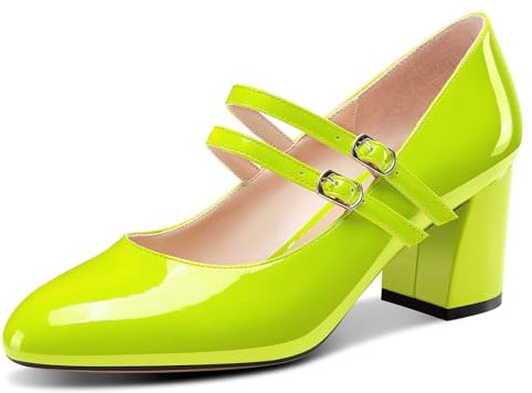 OISEGOP Mujer Chunky Ancho Medio Heel Redonda Punta Slip-on Mary Jane Pumps Correa Tobillo Cierre con Hebilla Dress Zapatos 6.5 CM Heels Verde Lima 43 EU
