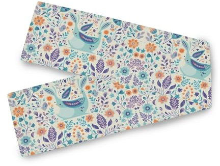 Tischläufer mit Blumen, Gras, Vögeln, Azaleen, Blau, Orange, bunt, Esstisch, Tischdekoration, Esstischläufer, Couchtischdekoration, 33 x 228 cm