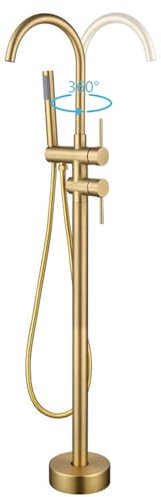Robinet de Baignoire Ilot 2 Modes Mitigeur de Baignoire Ilot avec Douchette, Rotation à 360° Robinet de Baignoire sur Pied Laiton Robinet Mitigeur au Sol Moderne et Simple (Or Brossé)