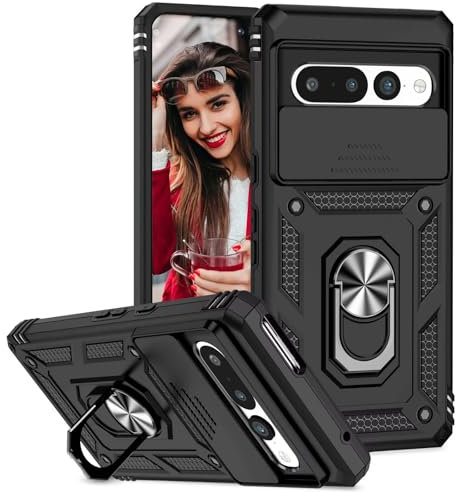 POUHYE Cover per Google Pixel 7 Pro Custodia, Copriobiettivo Scorrevole Antiurto Grado Militare Case con 360° Magnetica Anello Supporto, Hard PC Back e TPU Bumper Cover Nero