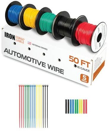 Iron Forge Cable 16 Gauge Automotive Wire - 5 Roll Assortment Pack - 50 Ft of Copper Clad Primary Wire per Roll, 16 Gauge Wire 50 Ft Stranded Copper Clad Aluminium Auto Wire