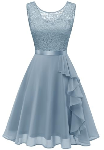 Berylove - Vestido de cóctel elegante con dobladillo de volantes para mujer, para boda, vestido de noche corto acampanado con encaje, azul grisáceo, XXL