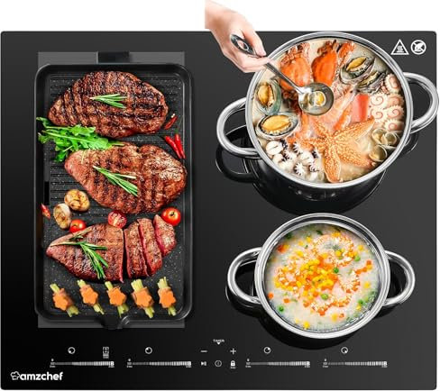 AMZCHEF Induktionskochfeld 4 platten, Einbau Induktionskochplatte mit Flexzonen, Booster und 9 Stufen, Warm Up and Pausenfunktion, Berührungsbildschirm,7400W