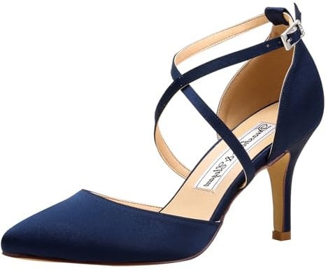 Duosheng & Elegant HC1901 Women's High Heel Court Cross Pointed Toe Navy Blue Strap Pump Shoes Satin Wedding Party Bridal Shoes 6 UK