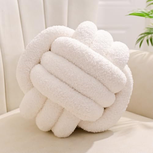 Yhoelata Knotenkissen, Dekokissen Beige Weiß, Zierkissen Aesthetic Sofakissen aus Teddysamt, Bett Deko Kissen Runden für Kind Schlafzimmer, Geschenk 28 cm